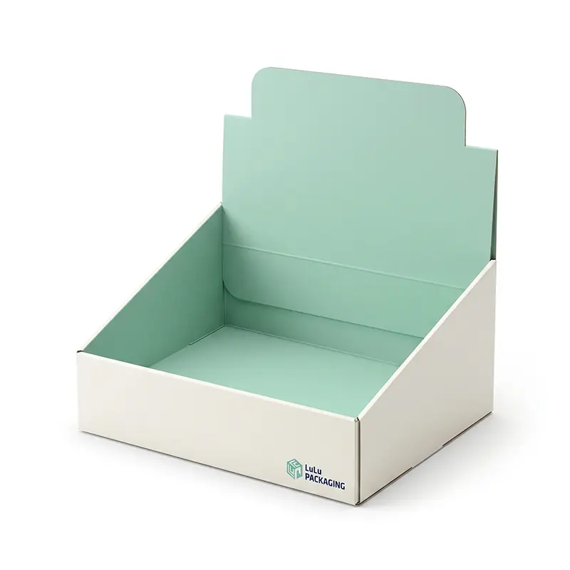 Premium white counter display packaging box for cosmetic product presentation and retail merchandising